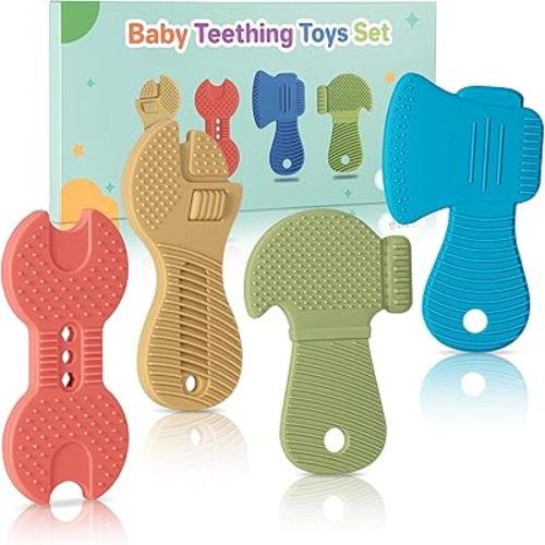 Baby Teether Toys, 4 Pack Food-Grade Silicone Teething Toys for 3-6 6-12 Months Babies, Infants, Easy to Grasp, Teething Relief Toy