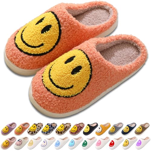 AIMINUO Women's Men's Retro Preppy Happy Face Slippers Comfy Warm Plush Slip-On House Slipper for Winter Indoor Soft Cushion Non-slip Fluffy Slides Slippers