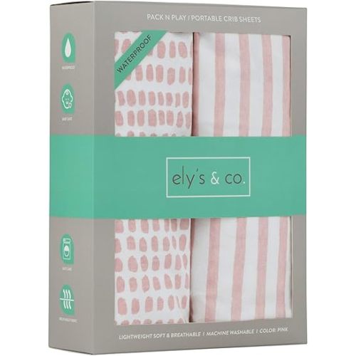 Ely's & Co. Patent Pending Waterproof Pack N Play/Mini Portable Crib Sheet with Mattress Pad Cover Protection I Mauve Pink Stripes and Splash by Ely's & Co.
