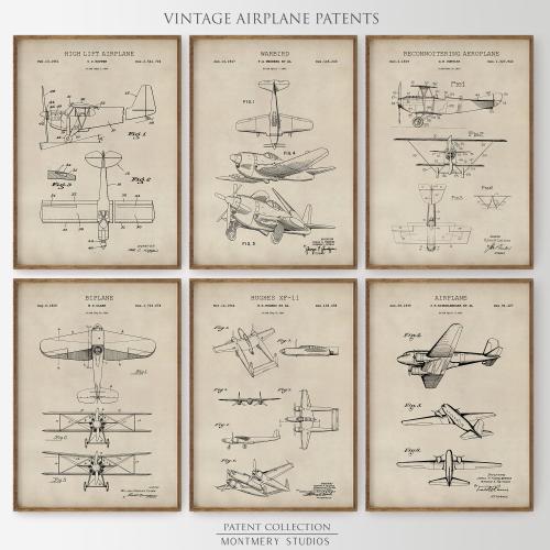 Airplane Patent Print Set of 6, Vintage Aviation Posters for Man Cave, Office, Kids&#39; Nursery, Aeroplane Wall Art, Antique Transportation, P1