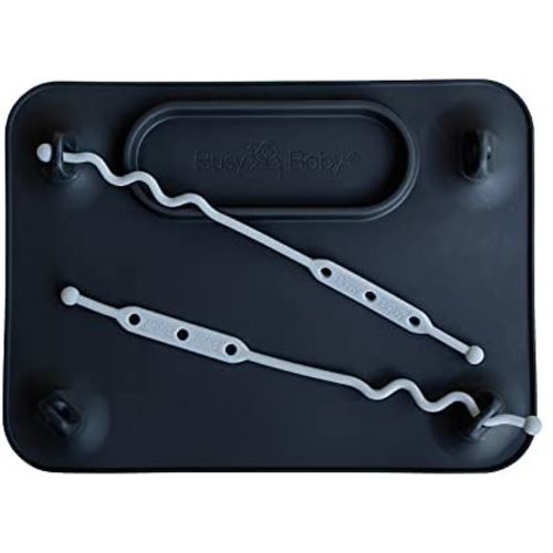 BUSY BABY MAT | Silicone Suction Placemat for Babies & Toddlers with 4 Adjustable Tethers to Attach Toys | Keep Toys Off The Floor, Diswasher Safe, BPA Free | Includes Travel Sleeve (Black)