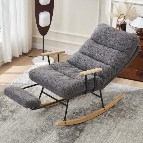 High Back Rocking Chair, Teddy Fabric Nursery Glider Rocker with Adjustable Back and Retractable Footrest, Modern Rocking Accent Chair Nursery Chair for Living Room, Bedroom, Gray