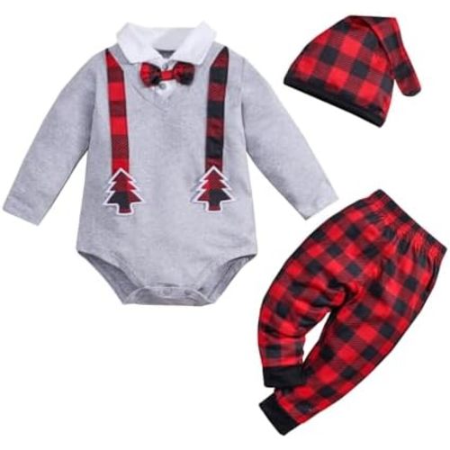 3PCS Baby Santa Christmas Cotton Bodysuit + Pants + Hat Outfits Costumes Newborn Xmas Long Sleeve Romper Winter Clothes
