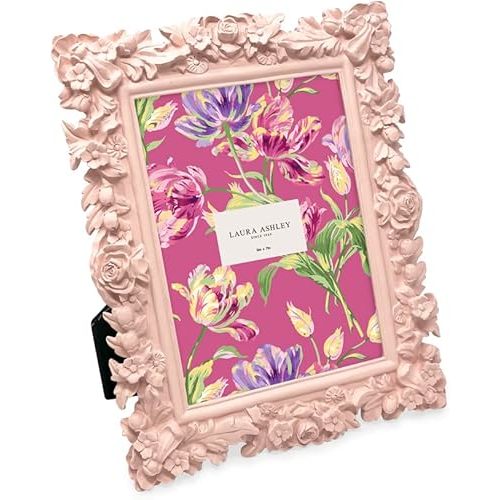 Laura Ashley 5x7 Pink Floral Textured Hand-Crafted Resin Picture Frame with Easel, for Tabletop & Wall Display, Decorative Floral Design Home Décor, Photo Gallery, Art & More (5x7, Pink)
