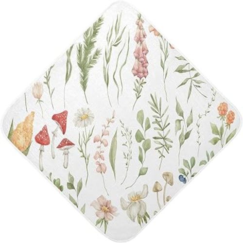 Pigsaly Watercolor Wild Flowers Hooded Baby Towel Meadow Herbs Leaves Baby Bath Towel Unisex Soft Organic Cotton Washcloths Toddlers Shower Gifts for Boys Girls Newborn 30 x 30 in
