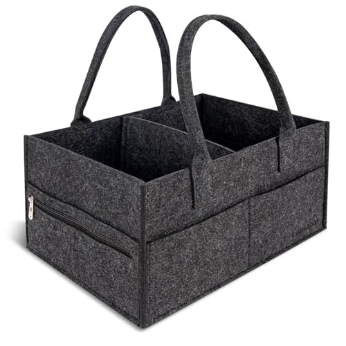 Runsabay Diaper Caddy Organizer, Nappy Caddy Storage for New Registry Must Have, Car Basket for Baby Diapers and Wipes, Baby Shower Basket for New Moms (Black, Regular)