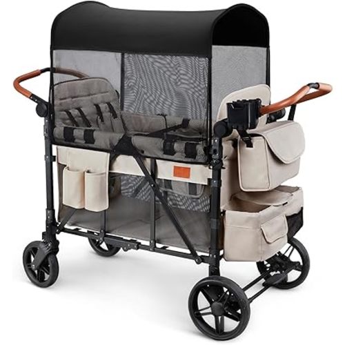 ZTDM Wagon Stroller for 4 Kids, All-Terrain Wagon for Toddler with Canopy, Parent Organizer, Shoulder Bag, Adjustable Handlebar, Phone Holder, High Seat & 5 Point Harness, Ultimate Quad (Beige)