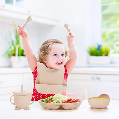 Silicone Feeding Set with Bib, Spoon, Fork, Sippy Cup - Baby Led Weaning Supplies
