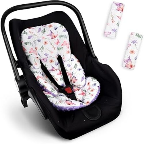 Pea Pod Infant Car Seat Insert with Strap Covers, All in One Reversible Baby Car Seat Head Support for Newborn, 3D Soft Minky Carseat Cushion for Preemie to Infant, Stroller, Swing, Bouncer, Butterfly