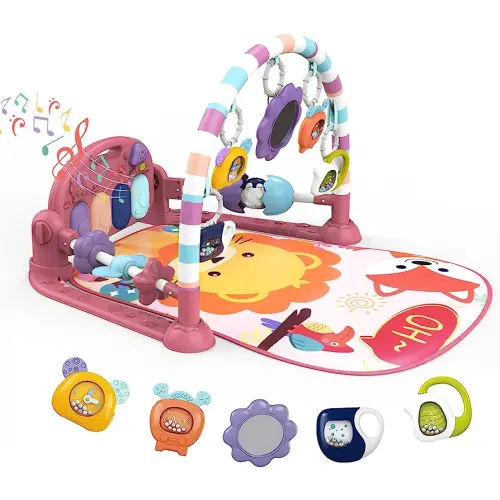 dearlomum Baby Play Mat Baby Gym,Funny Play Piano Tummy Time Baby Activity Mat with 5 Infant Sensory Baby Toys, Music and Lights Boy & Girl Gifts for Newborn Baby 0 to 3 6 9 12 Months (New Pink)