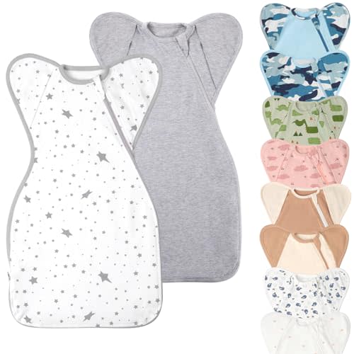 Knirose Swaddle Blanket Sleep Sack with Arms Up Design 2 Packs, Hands Up Sleeping Sack 3-Way Transitions to Arms-Free Wearable Sleeping Bag for Newborn Baby Boys Girls Snug Fit Calms Startle Reflex