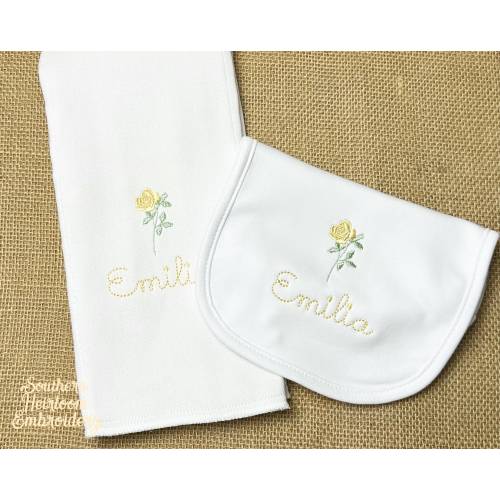 Monogram Name Bib Burp Cloth, Rose Monogrammed Bib Burp Cloth, Floral Bib Burp Cloth, Baby Gift Set