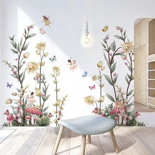Boho Flower Wall Decals Fairy Wall Decor Wildflower Stickers with Mushroom Peel and Stick Removable for Girls Bedroom, Kids Room, Living Room, Office
