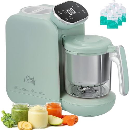 Chefhandy Baby Food Maker with Stainless Steel Steam Basket | 5-in-1 Baby Food Processor, Steamer & Blender for Homemade Baby Food, BPA-Free, 6 Reusable Pouches, Ideal for Newborns & Infants, Green