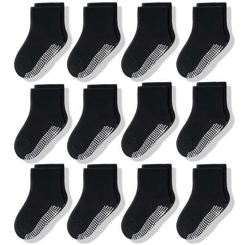 CozyWay Toddler Socks With Grippers Non Slip Crew Grip Socks for Girls and Boys Soft Comfy Cotton - 1T-3T Unisex Black - 12 Pack