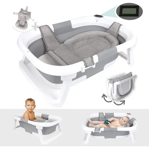BEBELEH™ Collapsible Baby Bathtub with Thermometer – Bathtub + Baby tub Sling + Newborn Sling – Baby Bathtub Newborn to Toddler 0-24 Months – The Ultimate Baby Bath Tub! (with Thermometer,Gray)
