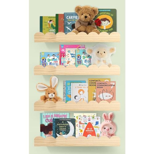 Floating Scalloped Shelves for Nursery - Nursery Bookshelf for Wall Set of 4, Floating Wall Book Shelves for Bedroom Kids, 16 Inch, Natural