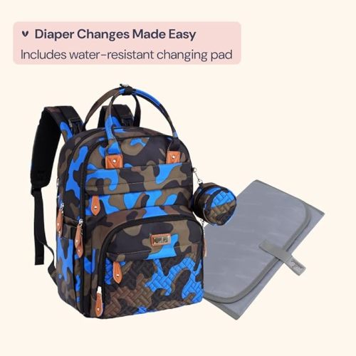BabbleRoo Diaper Bag Backpack - Baby Essentials Travel Tote, Unisex, Blue Camo