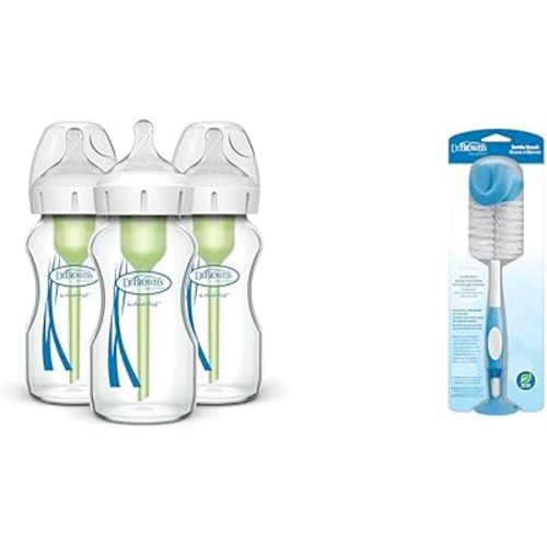 Dr. Brown's Natural Flow Anti-Colic Options+ Wide-Neck Glass Baby Bottles 9 oz/270 mL & Reusable Sponge Baby Bottle Cleaning Brush with Suction Cup Stand, Scrubber and Nipple Cleaner, Blue 1-Pack
