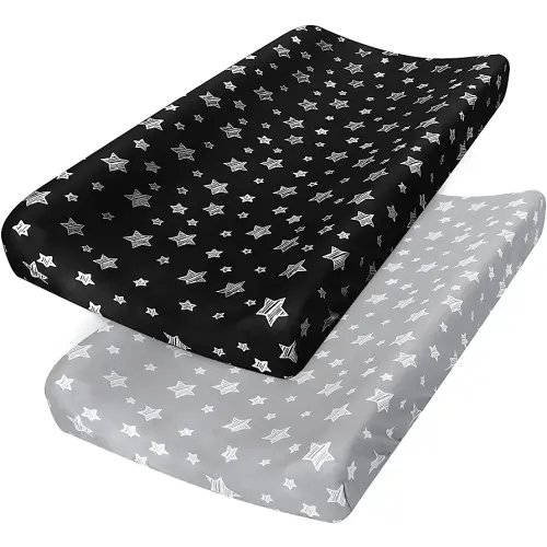 Changing Pad Cover for Boys Girls 2 Pack, Lovely Print Soft Unisex Diaper Change Table Sheets, Fit 32"x16" Contoured Pad, Comfy Cozy 2-Pack Cradle Sheets, Grey & Black