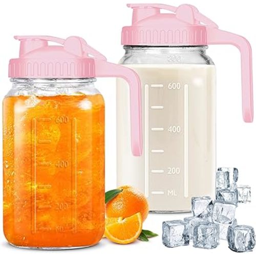 Mason Jar Pitcher, 32 OZ Breast Milk Pitcher Double Leak Proof with Pour Spout Handle, Wide Mouth Iced Tea Pitcher for Fridge, Creamer Container for Coffee, Sun Tea juice (Pink,2 Pack)