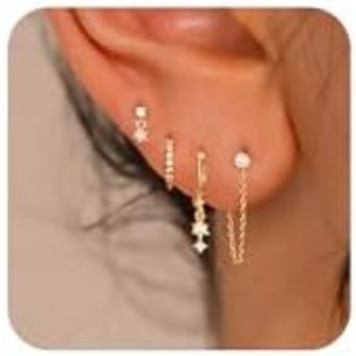 Gold Earrings for Women, 14k Gold Plated Earring Stack Hypoallergenic Pearl Drop Earring Dainty Gold Earrings for Women Trendy Cute Small Huggie Hoop Earring Fashion Womens Jewelry