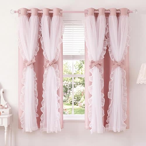 PONY DANCE Coquette Style Curtains for Girls'Bedroom Decorative Drapes for Kids Double Layer Curtain Ruffle Sheer Overlay Room Darkening Pretty Chic Princess, 52x63 inch, Blush Pink, 2 PCs