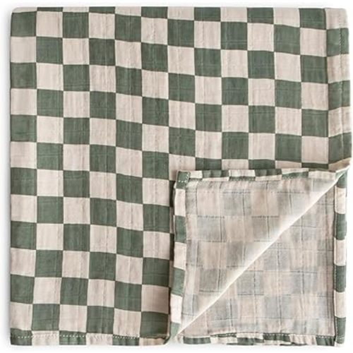 mushie Muslin Baby Swaddle Blanket | 100% Organic Cotton (Olive Check)