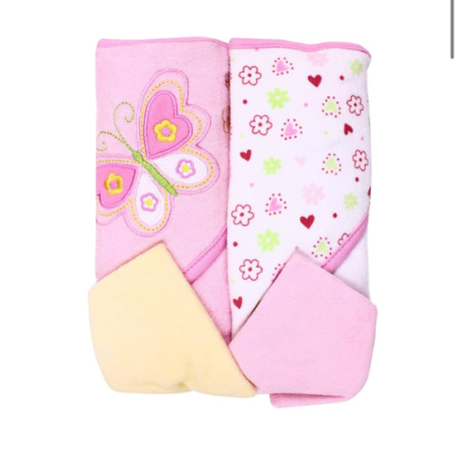 Spasilk Bath Hooded Towels & Washcloths Set for Babies, 2 Hooded Terry Bath Towels & 2 Washcloths, Pink Butterfly