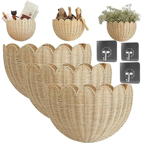 Scalloped Wicker Wall Basket,Large Scalloped Edge Wall Round Basket,Modern Farmhouse Rattan Woven Decor Walls Floating Baskets,Hand Woven Wicker Sundries Storage Box