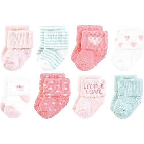 Hudson Baby Baby Infant Girl Cotton Rich Newborn and Terry Socks, Little Love, 0-6 Months, Pink