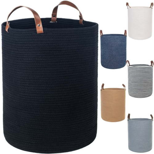 Caroeas XXXL Extra Large Rope Basket, 16''x20'' Woven Storage Basket with Leather Handles, Blanket Basket for Living Room, Tall Nursery Basket, Storage Organizer, Black