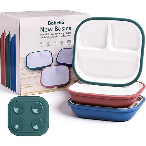 BABELIO 8'' Toddler Porcelain Plates with Silicone Suction Sleeves, Lead & BPA Free, Divided, Microwave & Dishwasher Safe, Stay Put, Suitable for Kids, 3 Pack