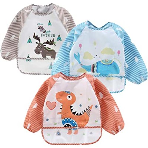 PandaEar (3 Pack) Long Sleeve Bibs| Baby Feeding Bib Smock Bibs| Baby Bibs with sleeves for Baby Infant Toddler 6-36 Months