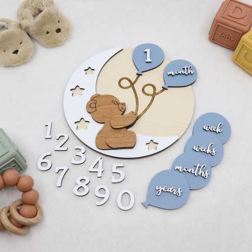 Wooden Interchangeable Teddy Bear Milestone Markers for Baby Photos | Engraved Wood Monthly Milestone Markers | Personalized Baby Sign
