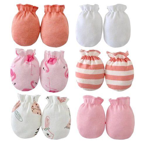 PandaEar 6 Pairs Newborn Baby No Scratch Mittens, 100% Cotton Elastic Wrist Gloves for baby Girls 0-6 Months