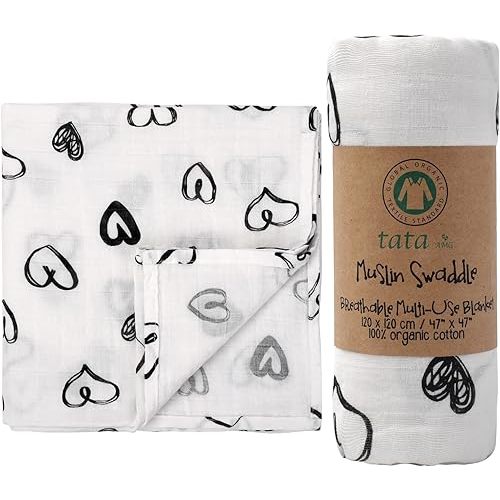 TATA AMG® 100% Organic Muslin Cotton Baby Swaddle Blanket – Soft & Breathable Receiving Blanket for Newborns, Girls & Boys – Large 47x47 | Multipurpose Baby Essentials | Pre-Washed & Gentle on Skin