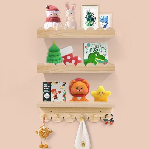 Varbonia Floating Nursery Book Shelves for Wall, 16'' Wood Book Shelf for Baby Boys Girls Bedroom Bathroom and Décor Storage, Wall Shelf for Books, Plants, Toys, Photo Frames (Wooden, 3 Pack)