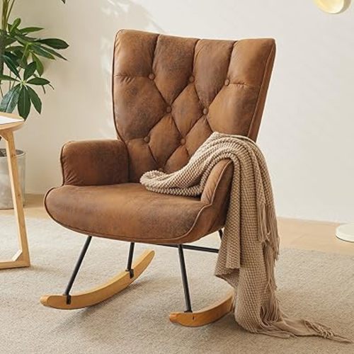 Nursery Rocking Chair Hot Stamping Fabric Upholstered Glider Rocker Rocking Accent Chair Padded Seat with High Backrest Armchair Comfy Side Chair for Living Room Bedroom Offices (Brown)