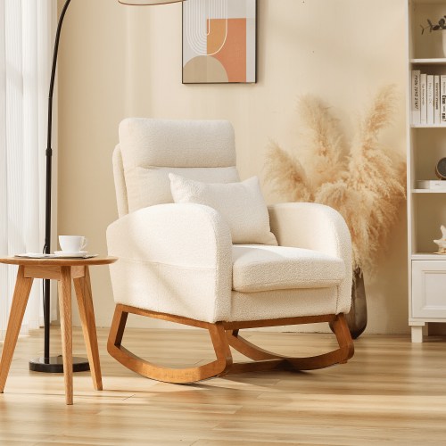 Hommow Rocking Chair Indoor, Glider Chair with Sturdy Solid Wood Base, Rocking Accent Chair with Pillow and Blanket, Nursery Rocking Chair for Living Room, Bedroom & Baby Room, Beige