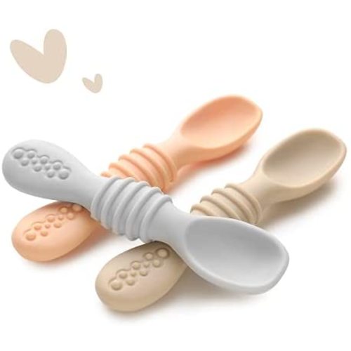 Jocate Silicone Baby Spoons for Baby Led Weaning 3 Pack, First Stage Toddler Utensils for Baby Feeding, Food Grade Soft Silicone Spoon Set for Self Feeding (Blue)