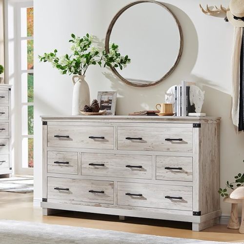 Farmhouse 7 Drawer Dresser for Bedroom - Wood Large Dressers & Chests of Drawers for Closet, 54 Inch Wide Dresser TV Stand with Storage for Bedroom, Living Room, Antique Brush White