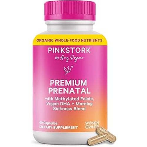 Pink Stork Premium Prenatal Vitamins for Women – Organic Whole-Food Blend with Methylated Folate, Choline, Iron & Vegan DHA – Doctor-Formulated Multivitamin & Probiotic – Gentle on Stomach, 60 Count