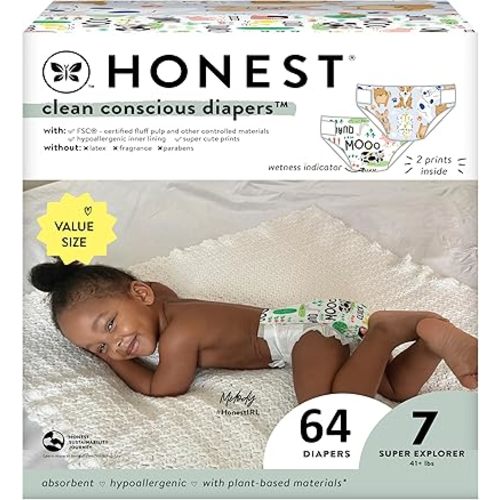 The Honest Company Clean Conscious Diapers for Sensitive Skin | Hypoallergenic, Fragrance Free | Gender Neutral Prints | Super Club Box, Size 7 (41+ lbs), 64 Count