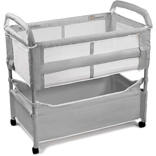 Arm’s Reach Clear-Vue Co-Sleeper Bedside Bassinet Featuring Clear Mesh Panels with Fold-Down Side, Large Attached Storage Basket, 4 Wheels, and Height-Adjustable Legs, Gray