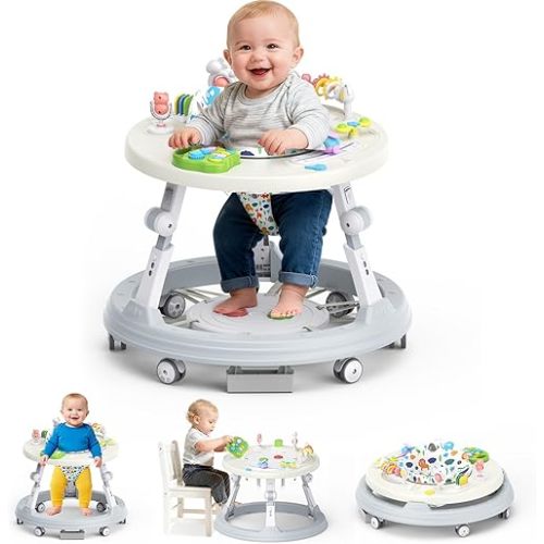 4-in-1 Foldable Activity Center- Baby Walker with Wheels, 360-degree Rotatable Play Tray, 3-Stage Adjustable Height, for Boys and Girls 6-18 Months, Music and Lights