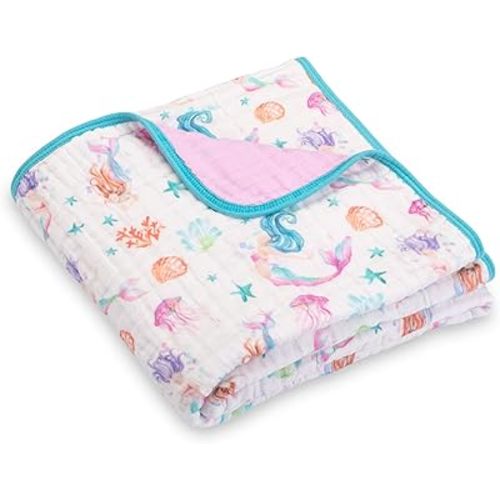 LollyBanks Muslin Baby Quilt, 6-Layer 100% Organic Cotton Baby Blanket for Girls, Soft and Breathable Toddler Quilt, Lightweight Infant Blanket for Crib or Stroller, Newborn Essentials (Mermaid Print)