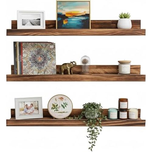 AZSKY 24 Inch Floating Shelves Set of 3 - Rustic Wood Picture Ledge Shelf for Home Storage Decor - Nursery Book Shelves, Wall Mounted Kids Bookshelf for Living Room, Bedroom, Photos & Vinyl Records