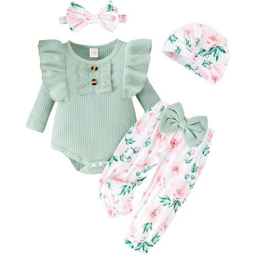 Baby Girl Clothes Infant Newborn Outfits Romper Pants Cute Bow Headband Hat Sets for Baby Girls (0-3-6-12-18 Months)