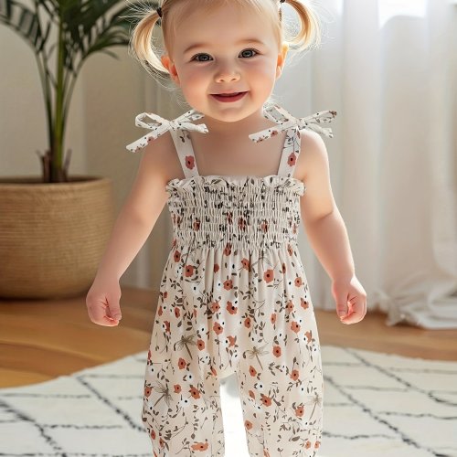 Infant Baby Girl Floral Romper Sleeveless Straps Ruffle Trim Smocked Jumpsuit Harem Pants Flower Overalls One-Piece Outfit Cute Summer Clthes, for Outdoor